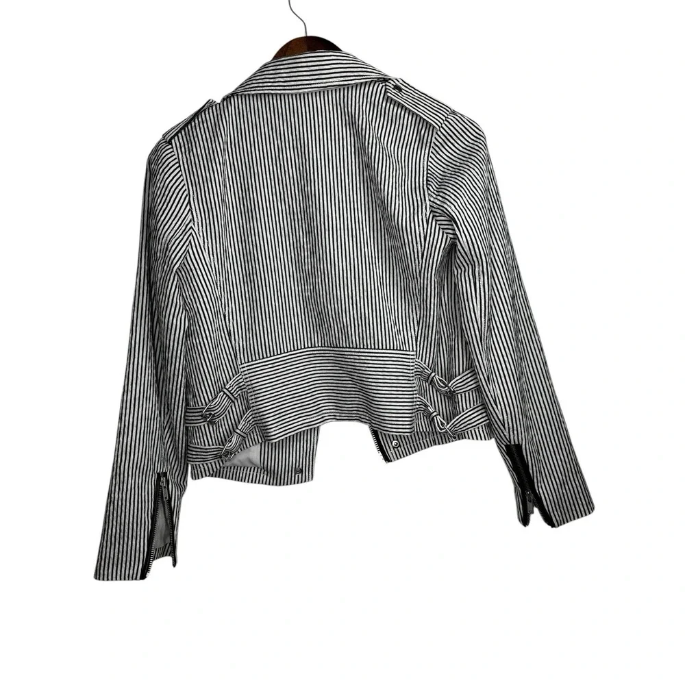Club Monaco Moto Jacket Women's Size S/P  Full‎ Zip Lined Cropped White Striped